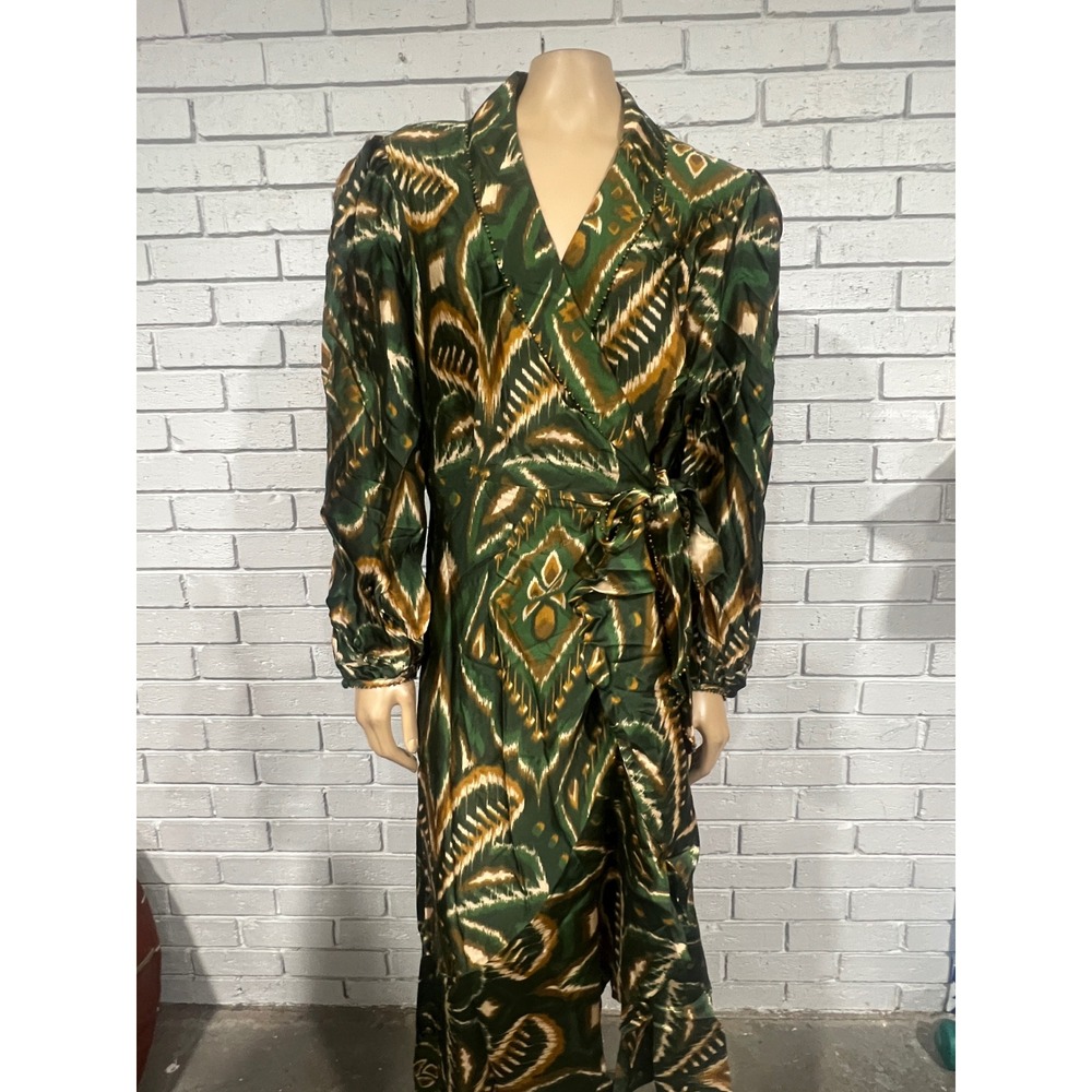 Farm Rio Pineapple Ikat Green Beaded Wrap Midi Dress Long Sleeve Boho Fall NWT L